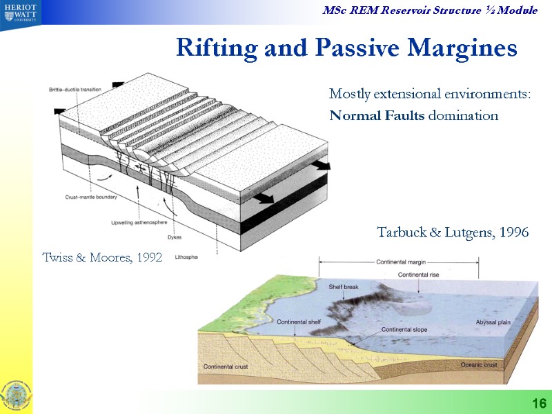 16 Rifting and Passive Margines Mostly extensional environments: Normal Faults domination Twiss & Moores,